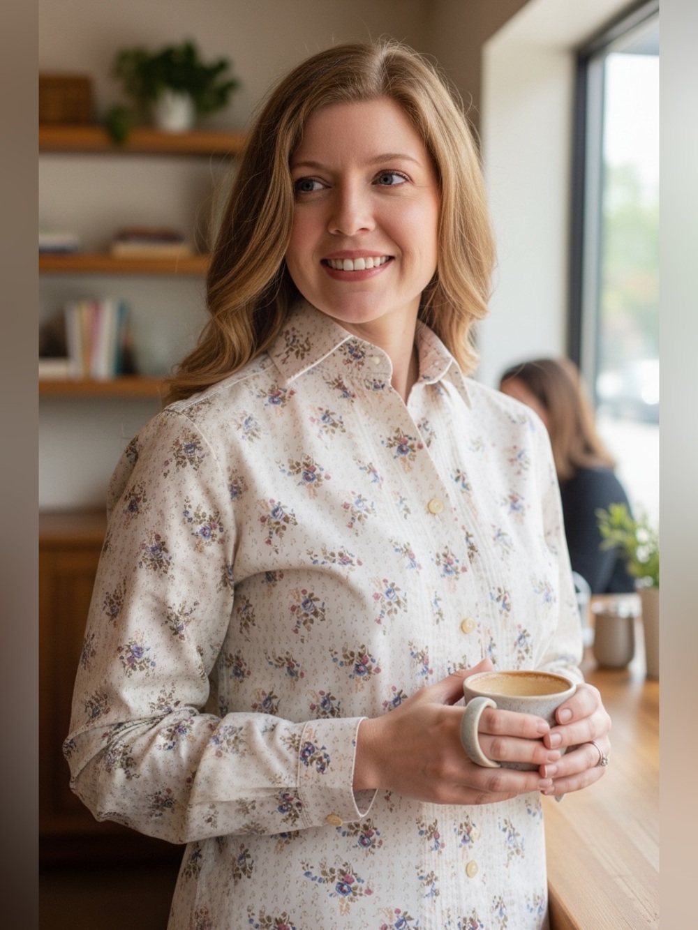 Vintage Women’s Cream Floral Button-Down Shirt